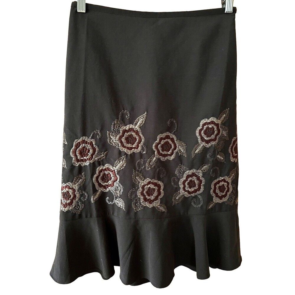 Ann Taylor Loft Embroidered Ruffle Skirt Floral Brown Green Tan Red 0